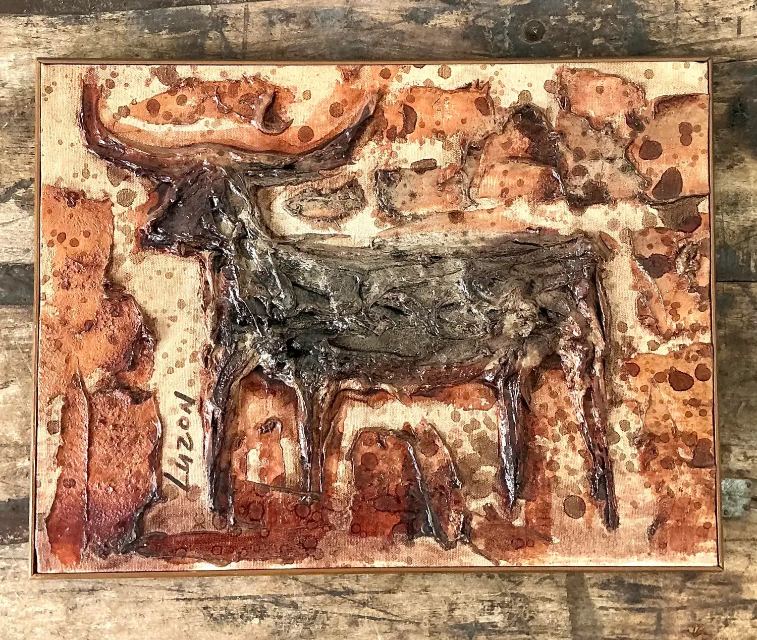 Vintage Original Mixed Media Bull on Canvas - Detail view