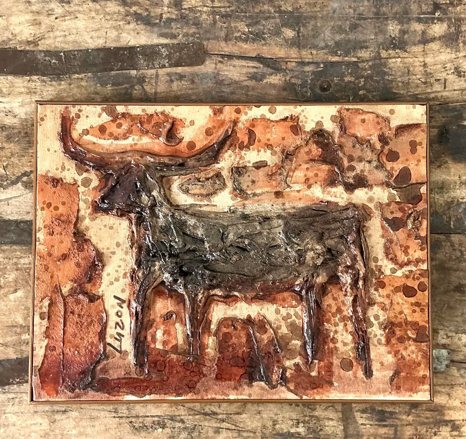 Vintage Original Mixed Media Bull on Canvas - Top view