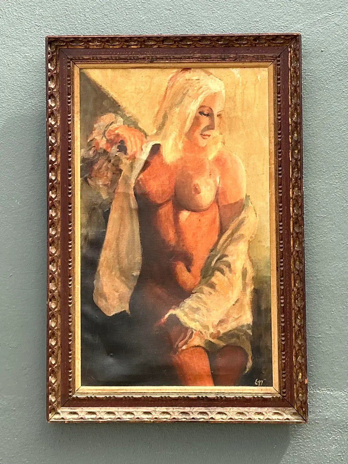 Vintage Original Nude Oil Portrait on Canvas - Top view