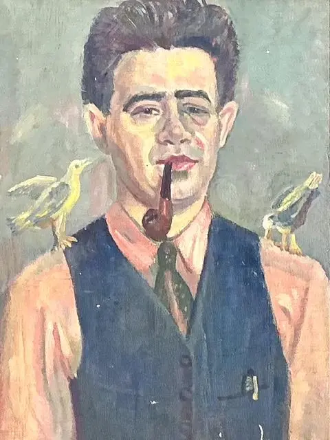 Vintage Original Oil Portrait of Man With Birds - Side view