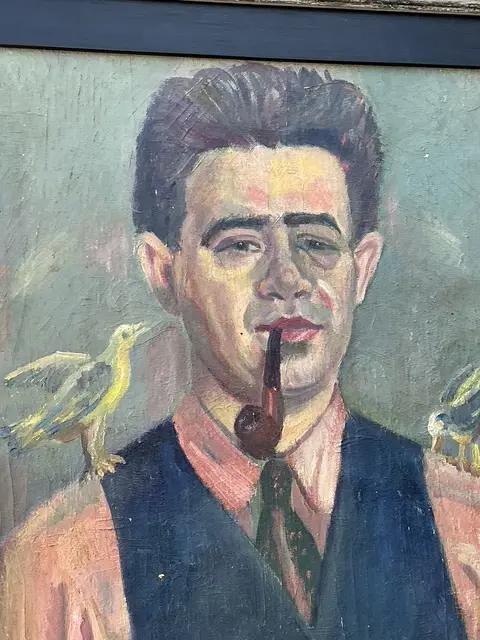 Vintage Original Oil Portrait of Man With Birds - Top view