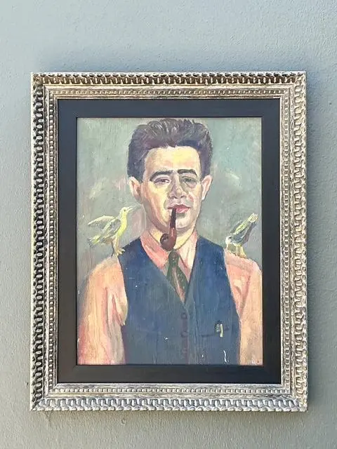Vintage Original Oil Portrait of Man With Birds - Detail view