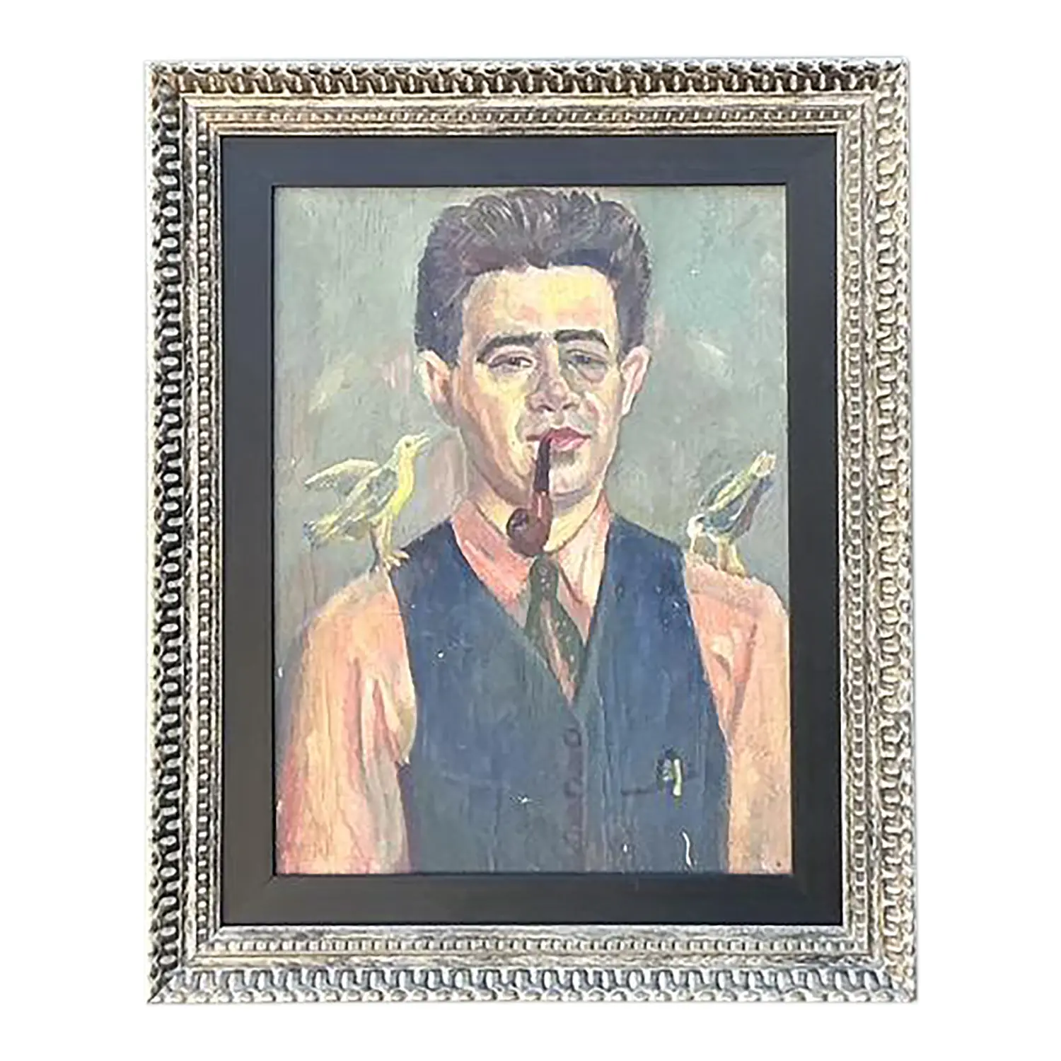 Vintage Original Oil Portrait of Man With Birds