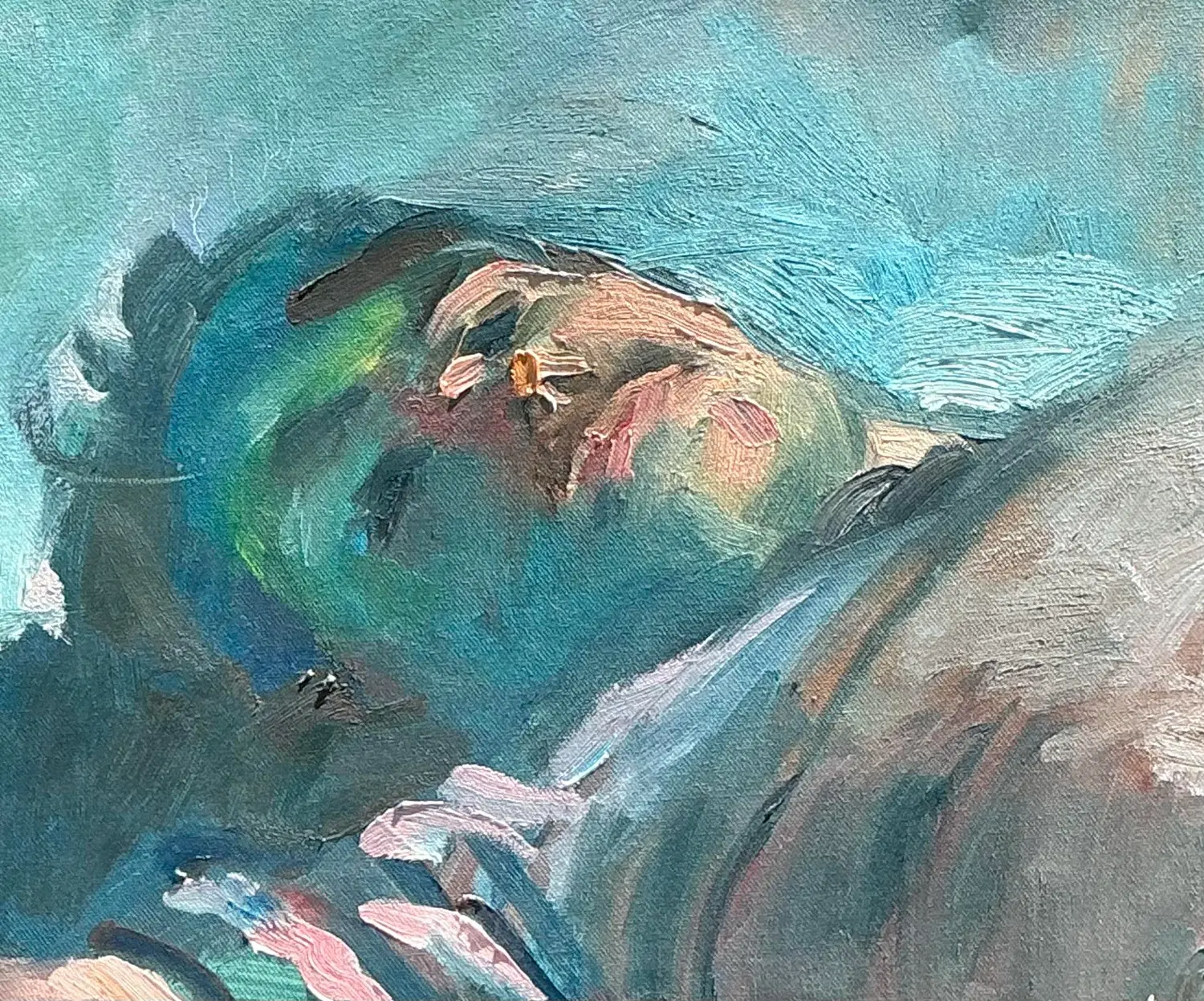 Vintage Original Painterly Portrait Air Reclining Man - Back view