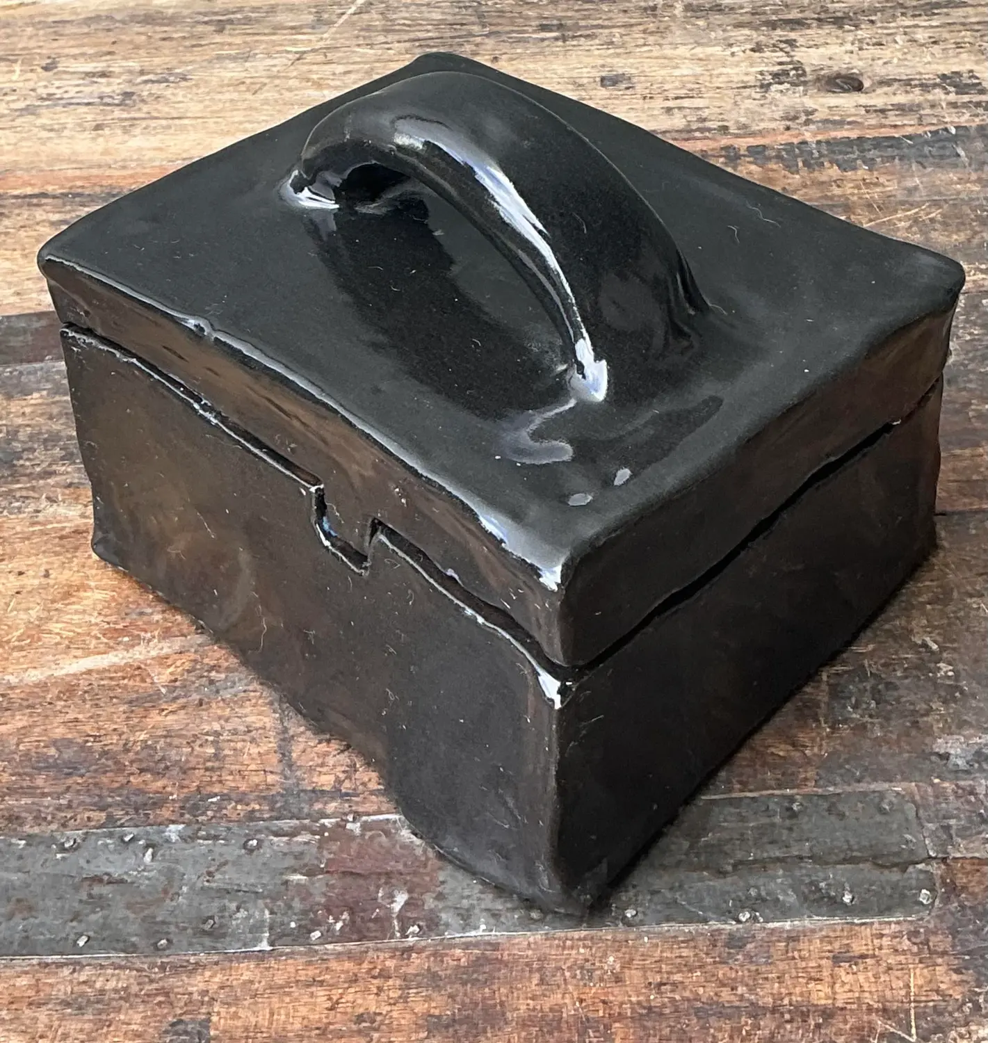 Vintage Original Slab Built Studio Pottery Lidded Box - Side view