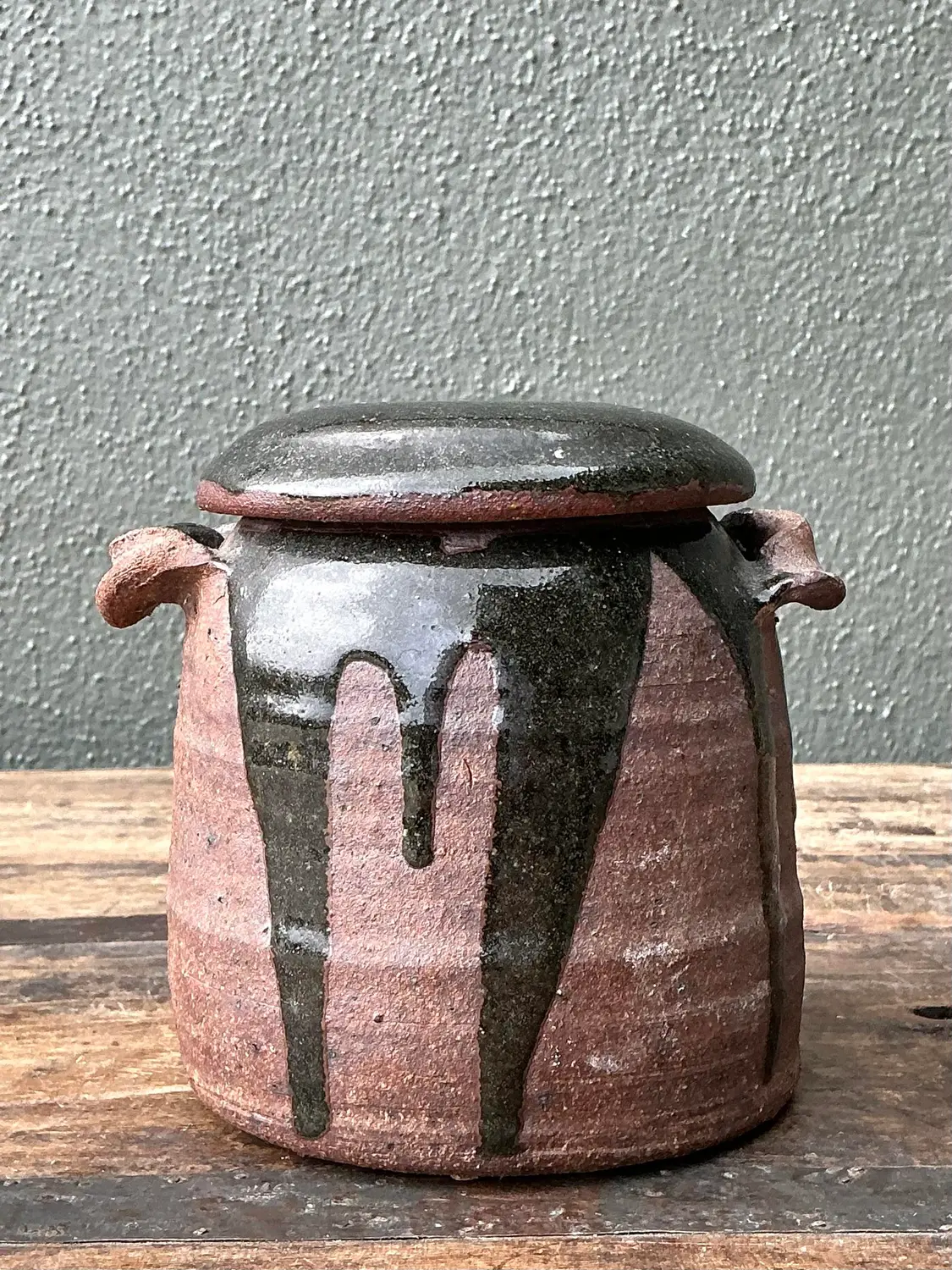 Vintage Original Studio Pottery Drip Glaze Lidded Jar - Detail view