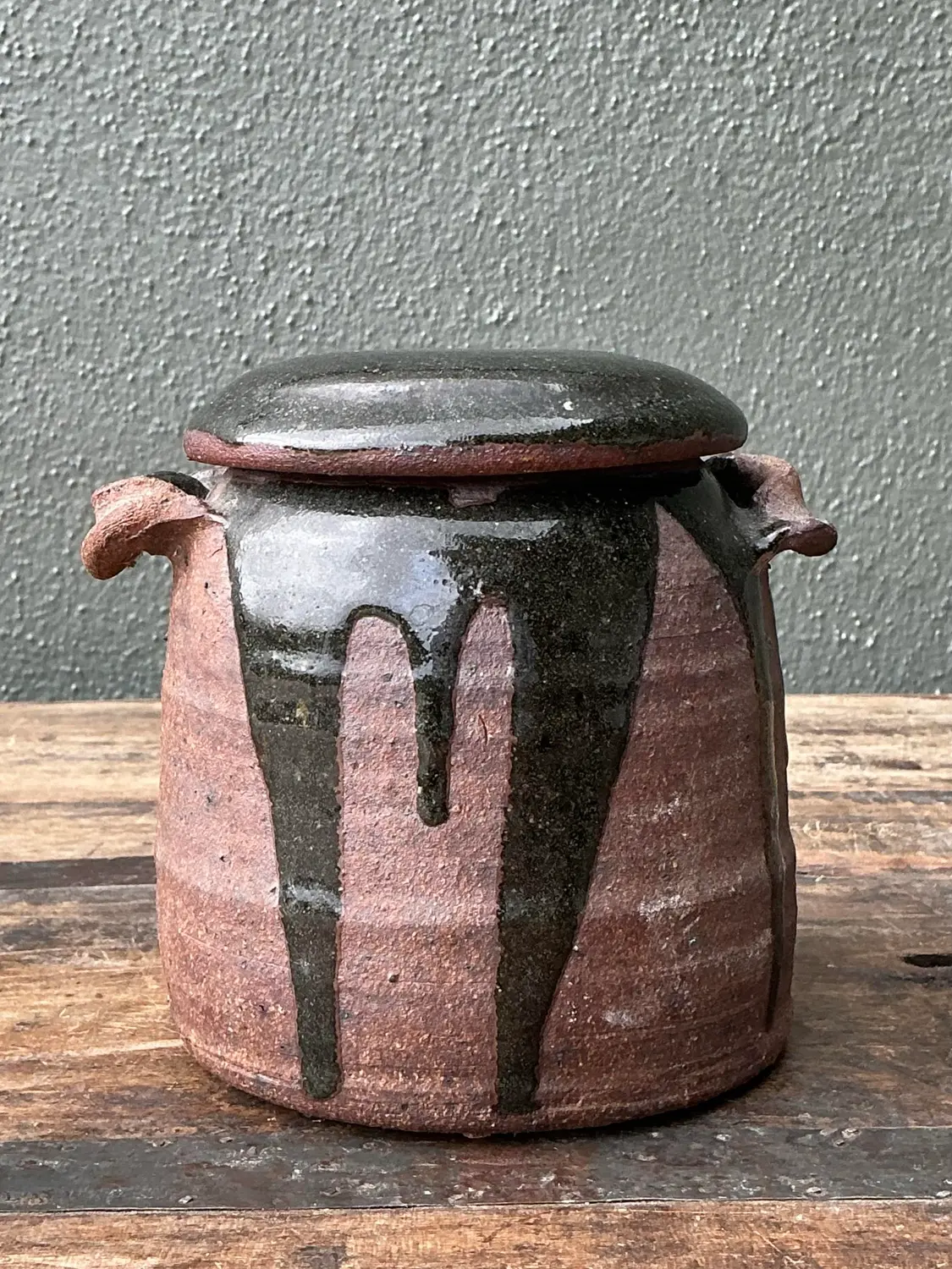 Vintage Original Studio Pottery Drip Glaze Lidded Jar - Top view