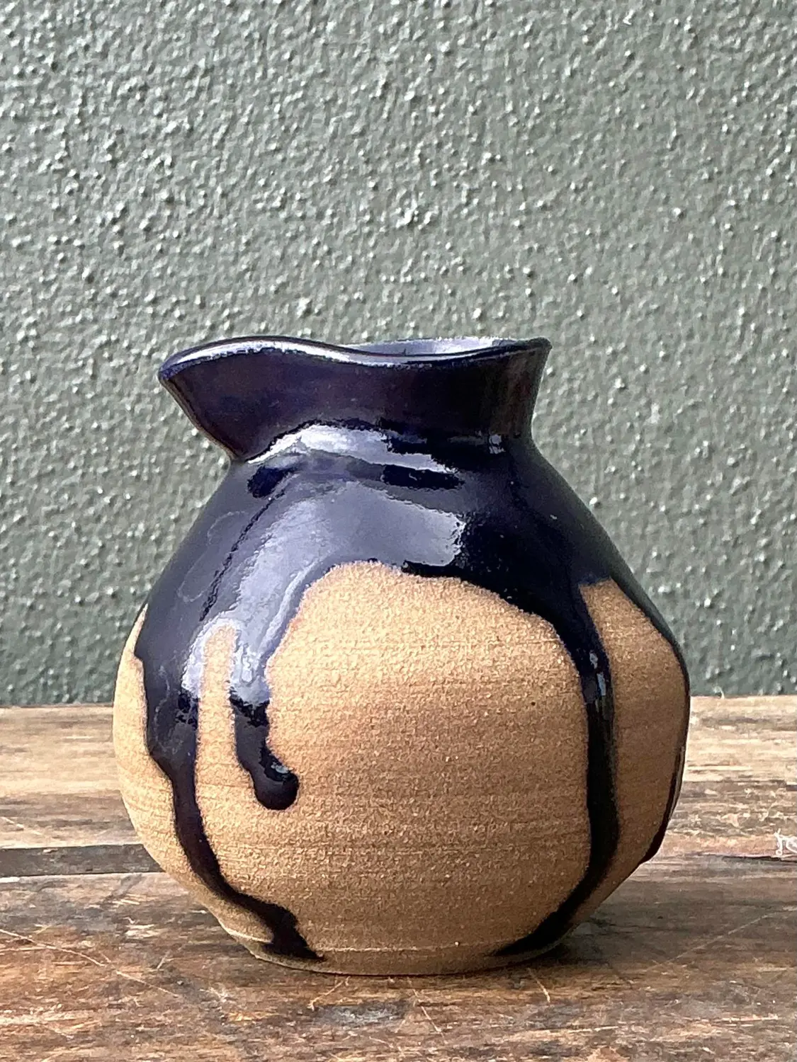 Vintage Original Studio Pottery Drip Glaze Small Pitcher - Side view