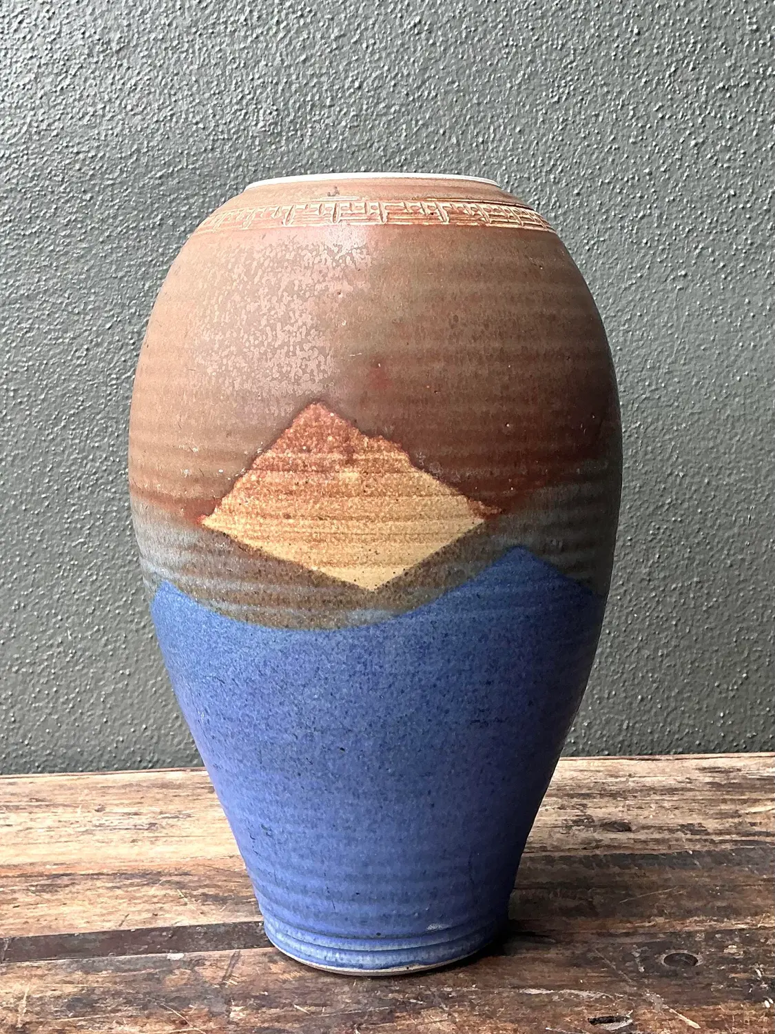 Vintage Original Studio Pottery Layered Glaze Vase - Top view
