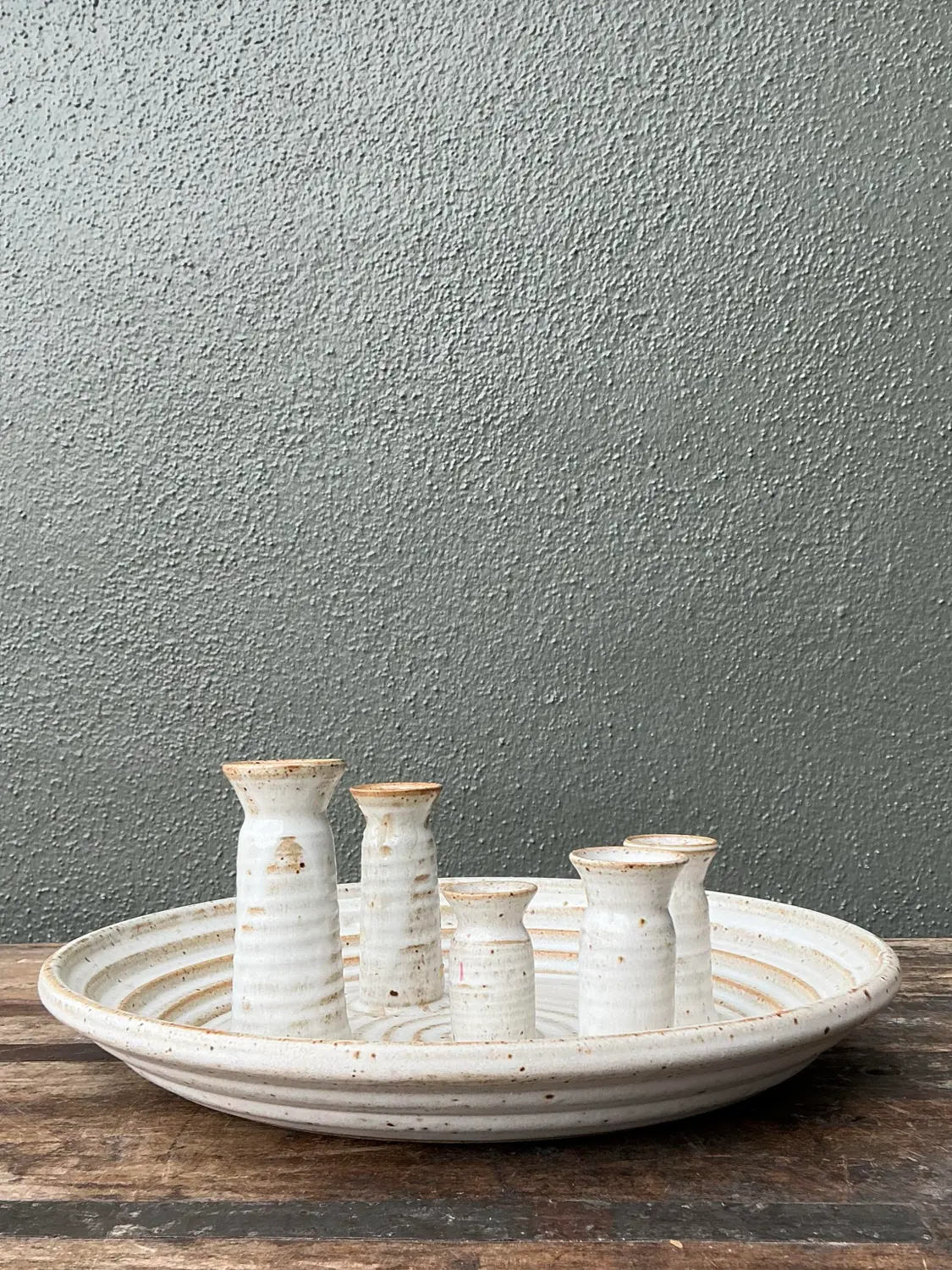 Vintage Original Studio Pottery Platter With Vases - Top view