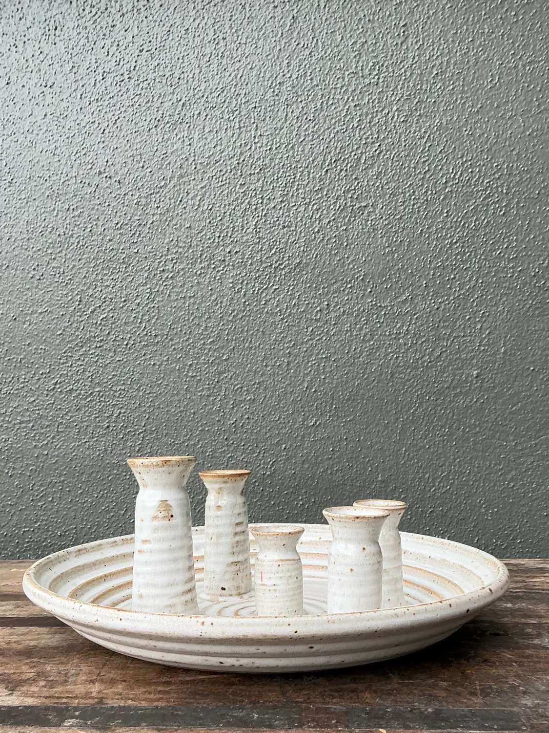 Vintage Original Studio Pottery Platter With Vases - Detail view