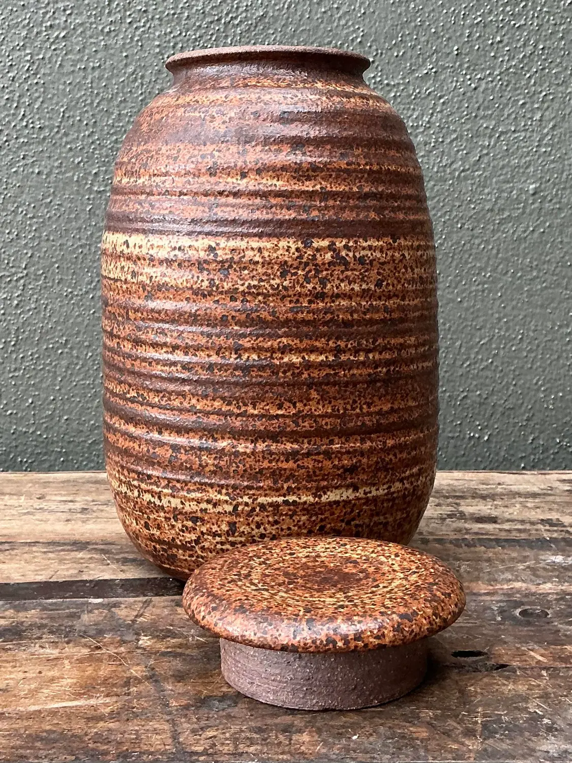 Vintage Original Studio Pottery Striped Lidded Vase - Side view