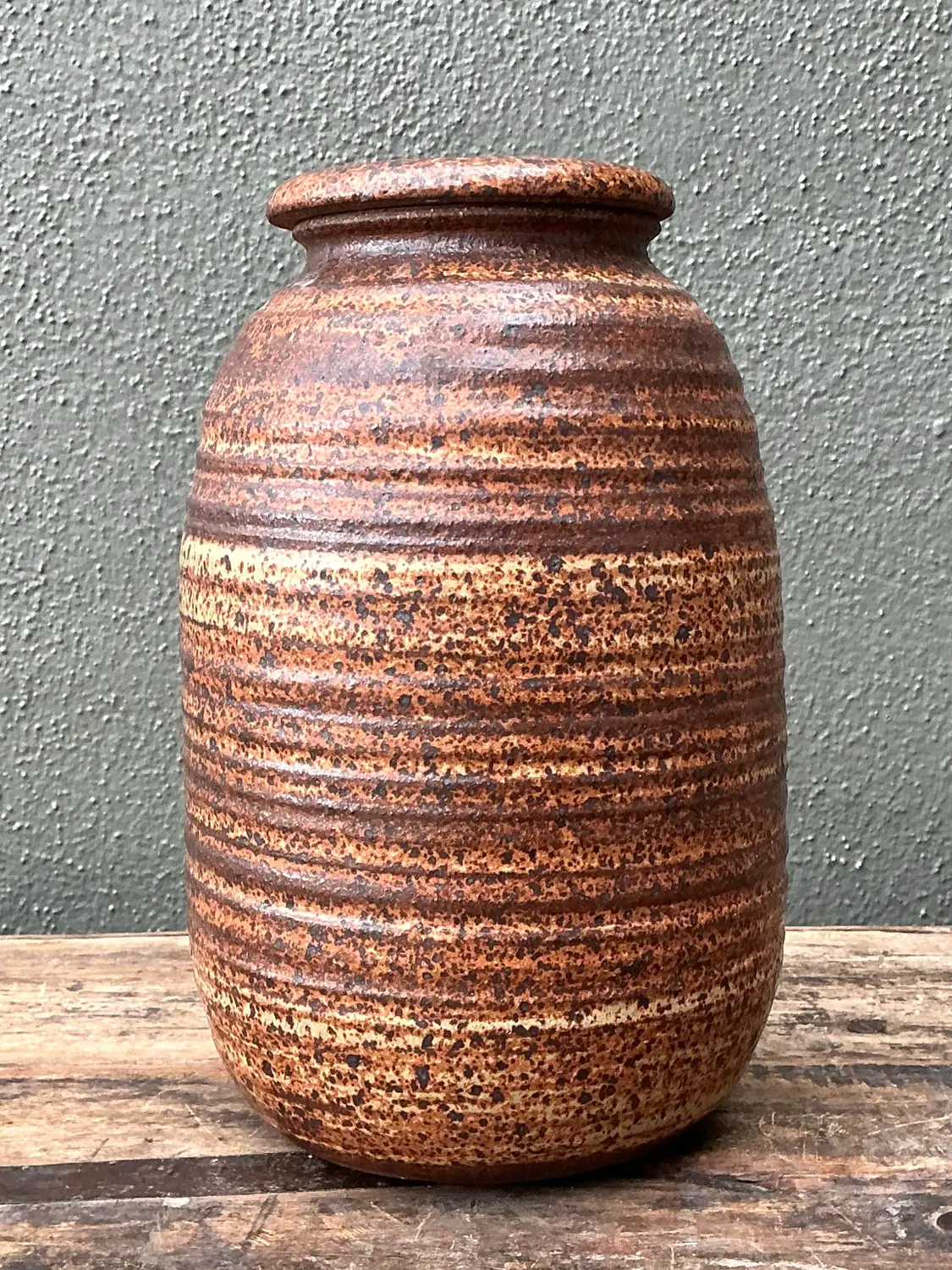 Vintage Original Studio Pottery Striped Lidded Vase - Top view