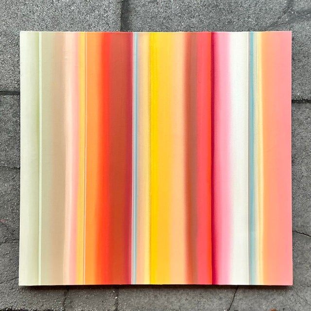 Vintage Original “Tangerine Spaces Between Trees” Striped Abstract Oil on Canvas - Detail view