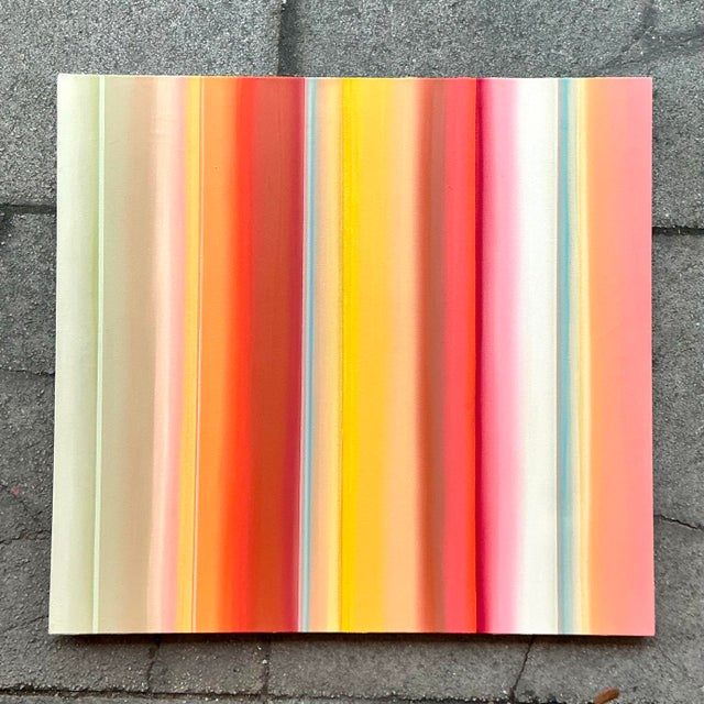 Vintage Original “Tangerine Spaces Between Trees” Striped Abstract Oil on Canvas - Back view