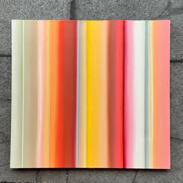Vintage Original “Tangerine Spaces Between Trees” Striped Abstract Oil on Canvas - Top view