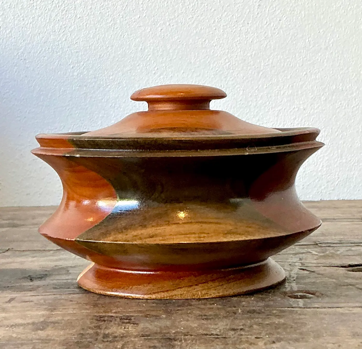 Vintage Original Turned Wood Lidded Bowl - Side view