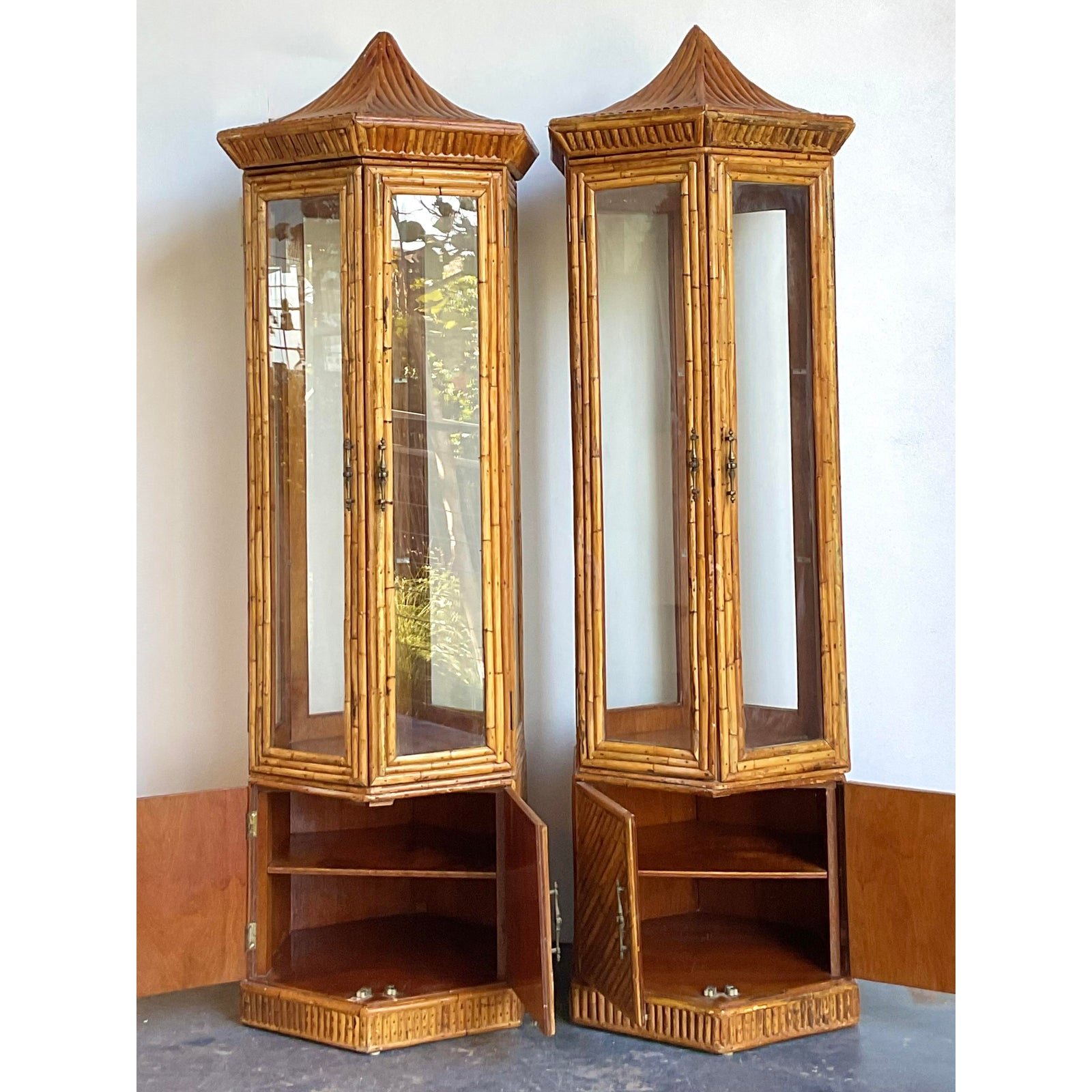 Vintage Pagoda Split Rattan Tall Cabinets - A Pair - Detail view
