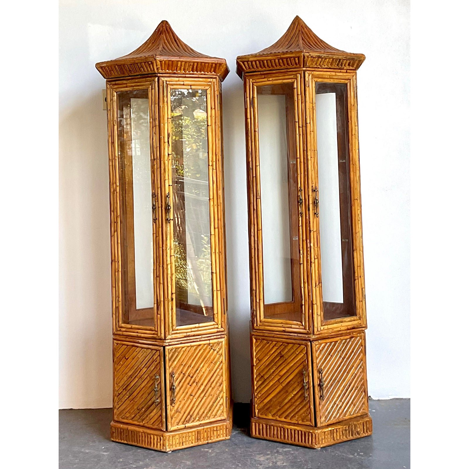Vintage Pagoda Split Rattan Tall Cabinets - A Pair - Top view