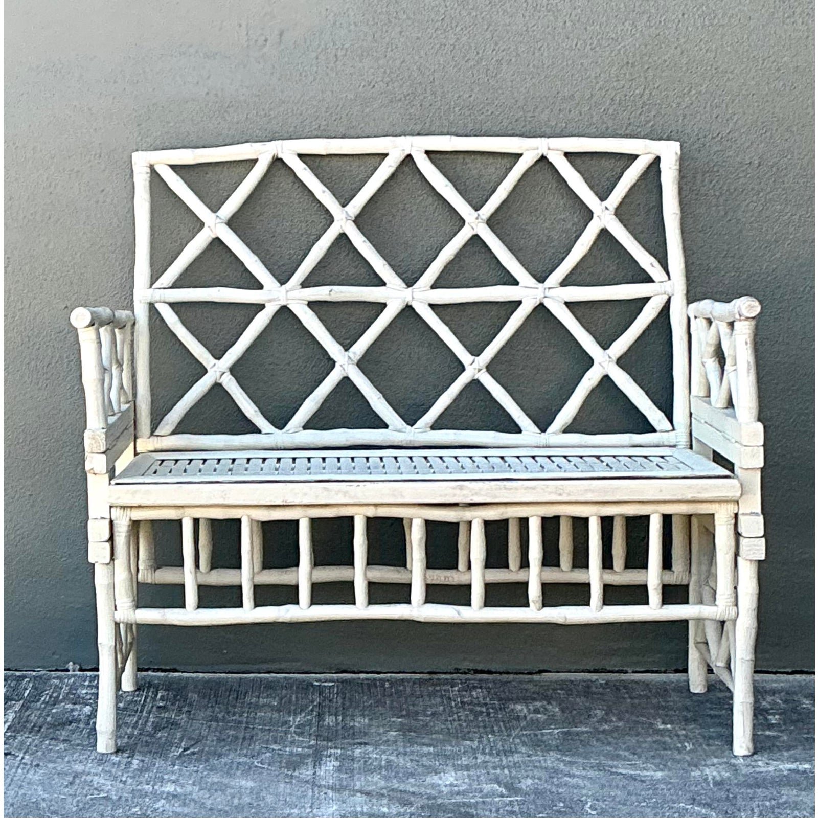 Vintage Painted Branch Trellis Bench - Top view
