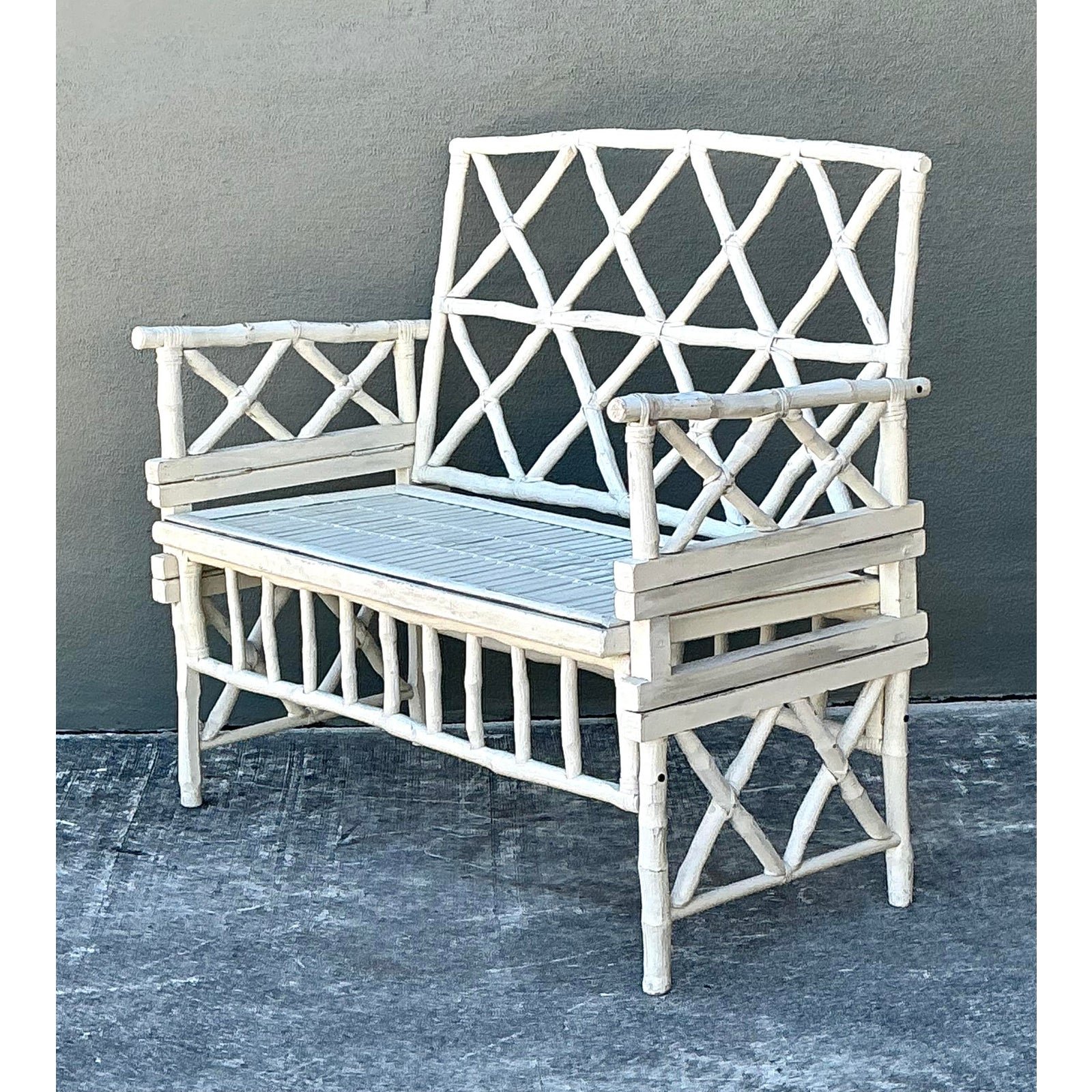 Vintage Painted Branch Trellis Bench - Detail view