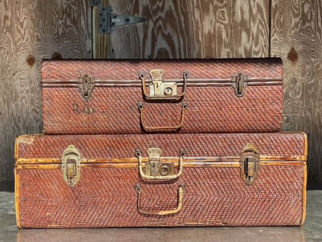 Vintage Pair of Bamboo and Woven Travel Trunks - Side view