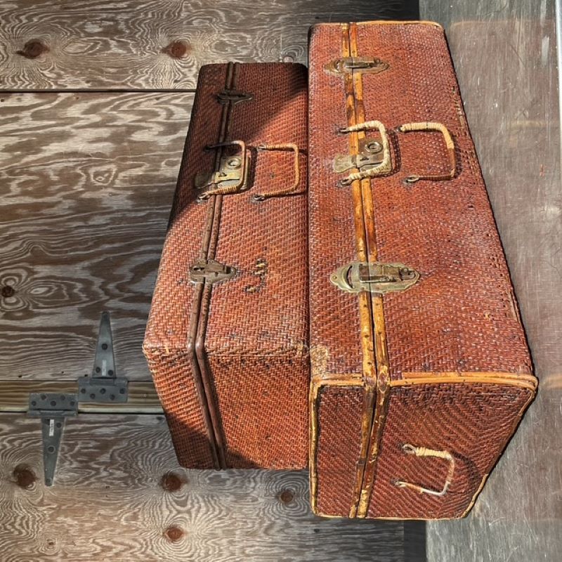 Vintage Pair of Bamboo and Woven Travel Trunks - Top view