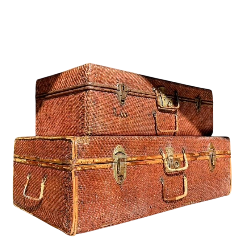Vintage Pair of Bamboo and Woven Travel Trunks - Detail view