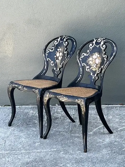 Vintage Papier Mache Cane Chairs - A Pair - Side view