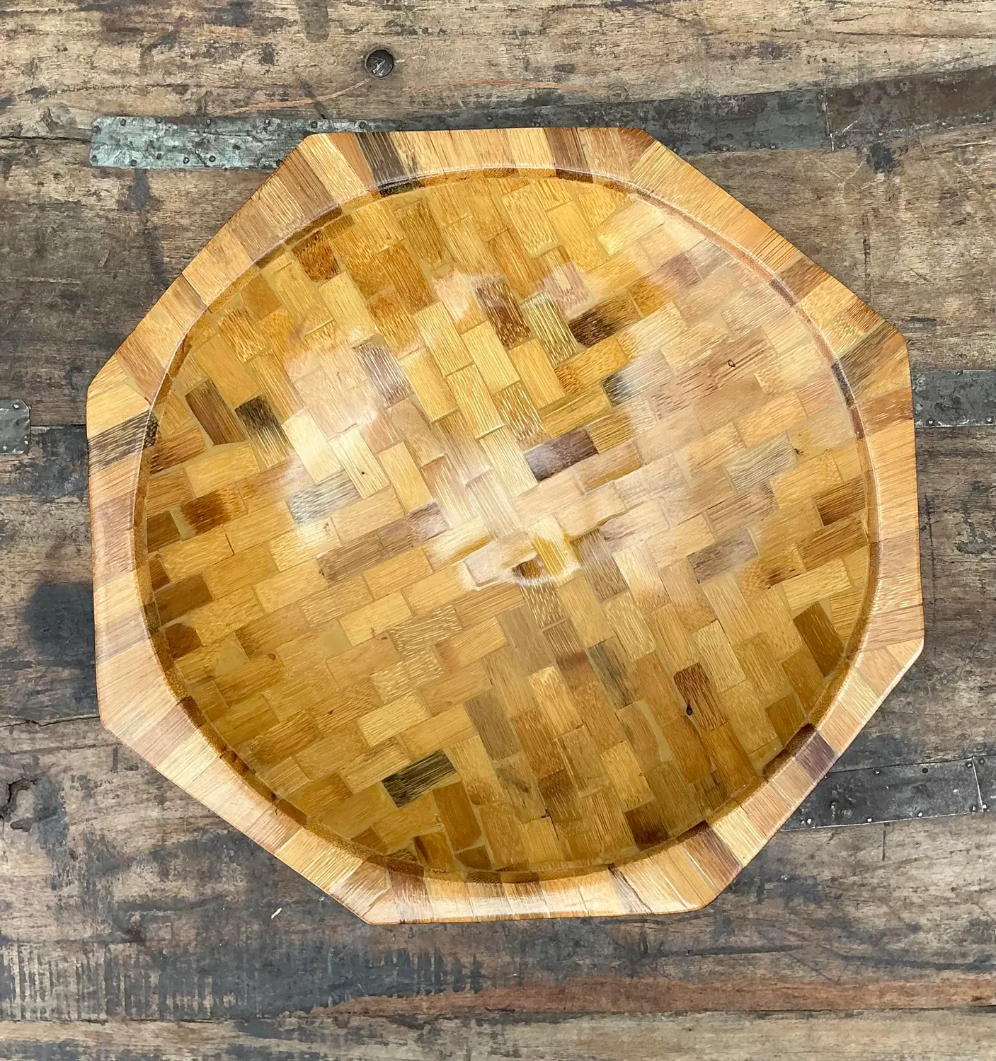 Vintage Parquet Rattan Wood Bowl - Detail view