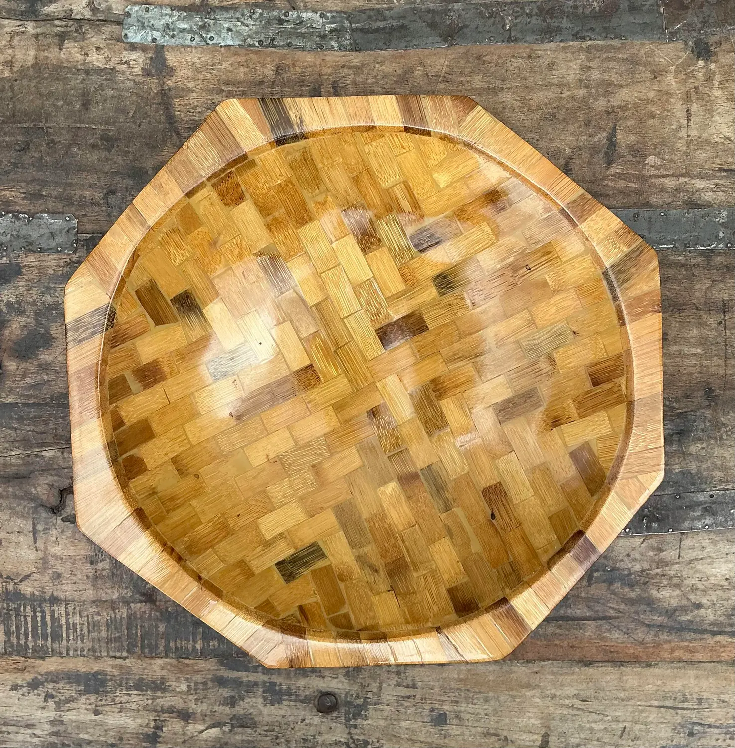Vintage Parquet Rattan Wood Bowl - Side view