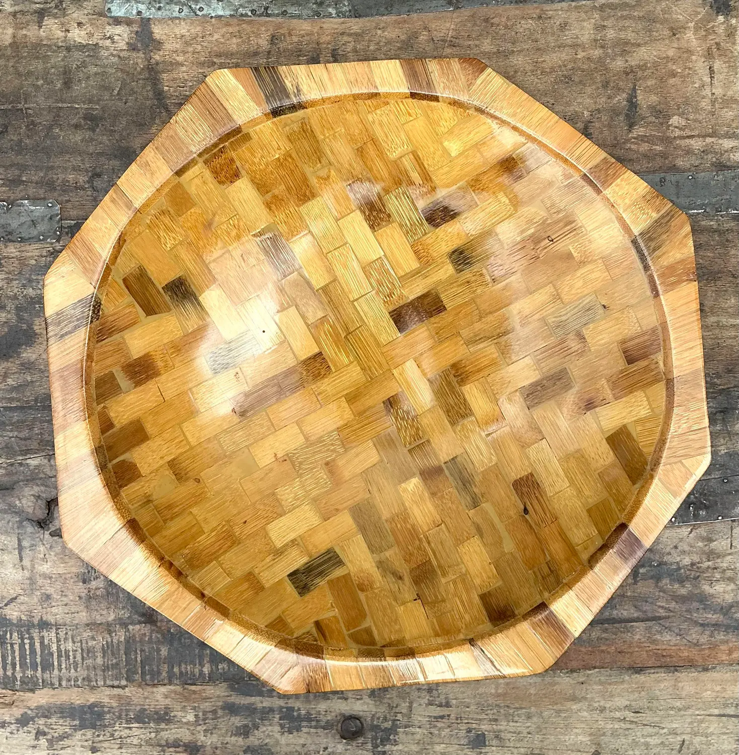 Vintage Parquet Rattan Wood Bowl - Back view