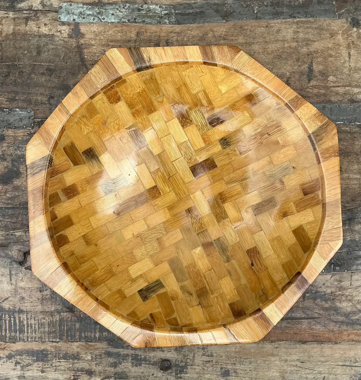 Vintage Parquet Rattan Wood Bowl - Top view