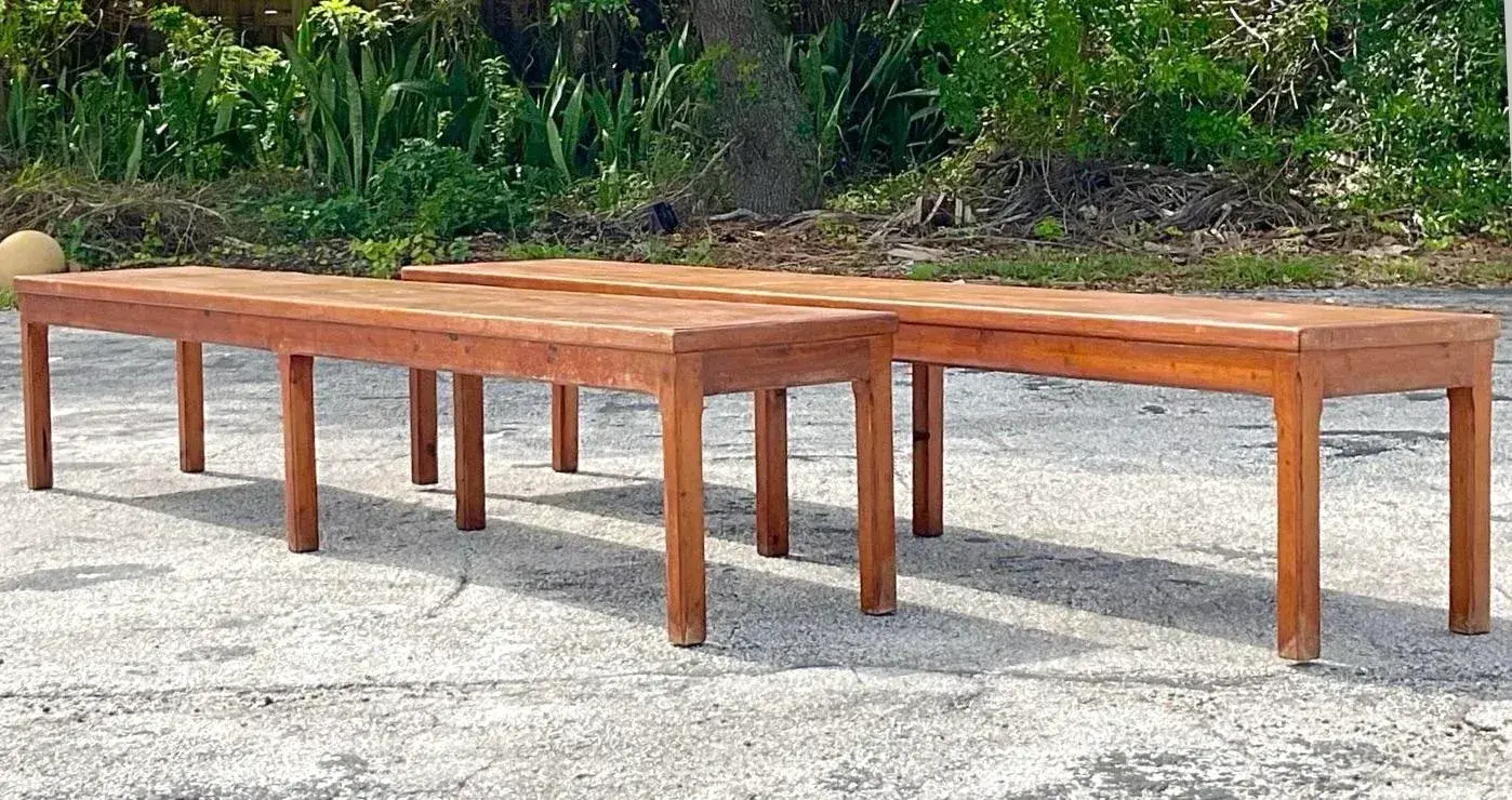 Vintage Parsons Style Monumental Wooden Bench - Pair - Side view