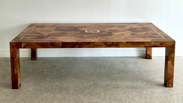 Vintage Patchwork Olive Burl Wood Extendable Dining Table - Side view