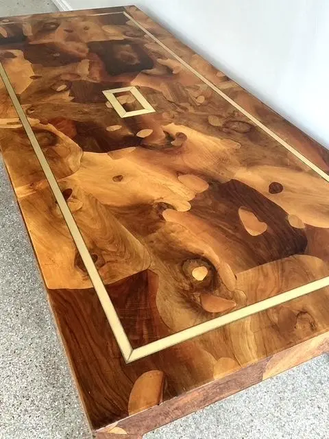 Vintage Patchwork Olive Burl Wood Extendable Dining Table - Top view