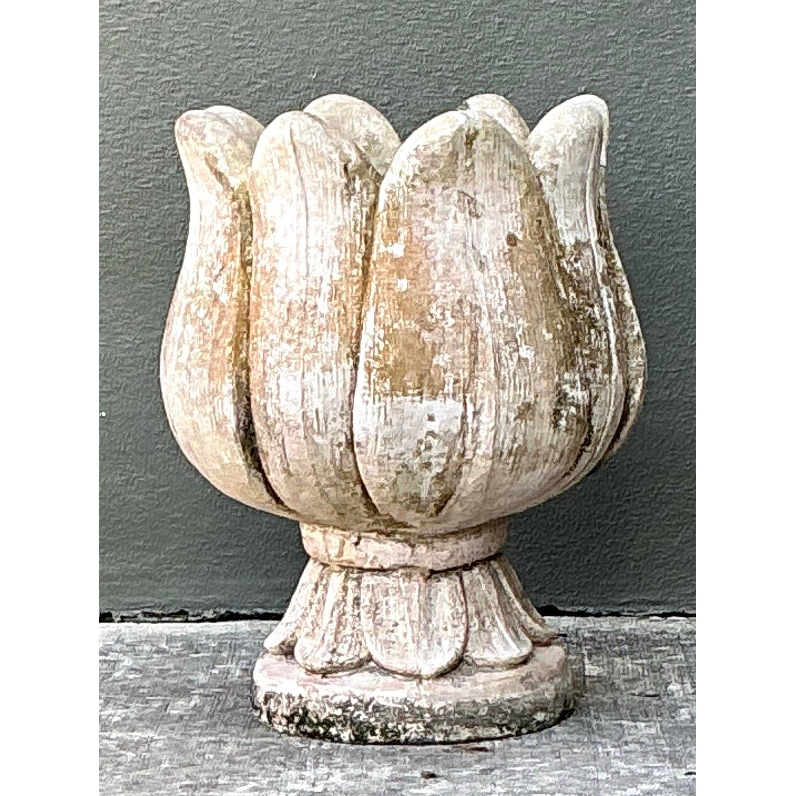 Vintage Patinated Cast Concrete Tulip Planter - Detail view