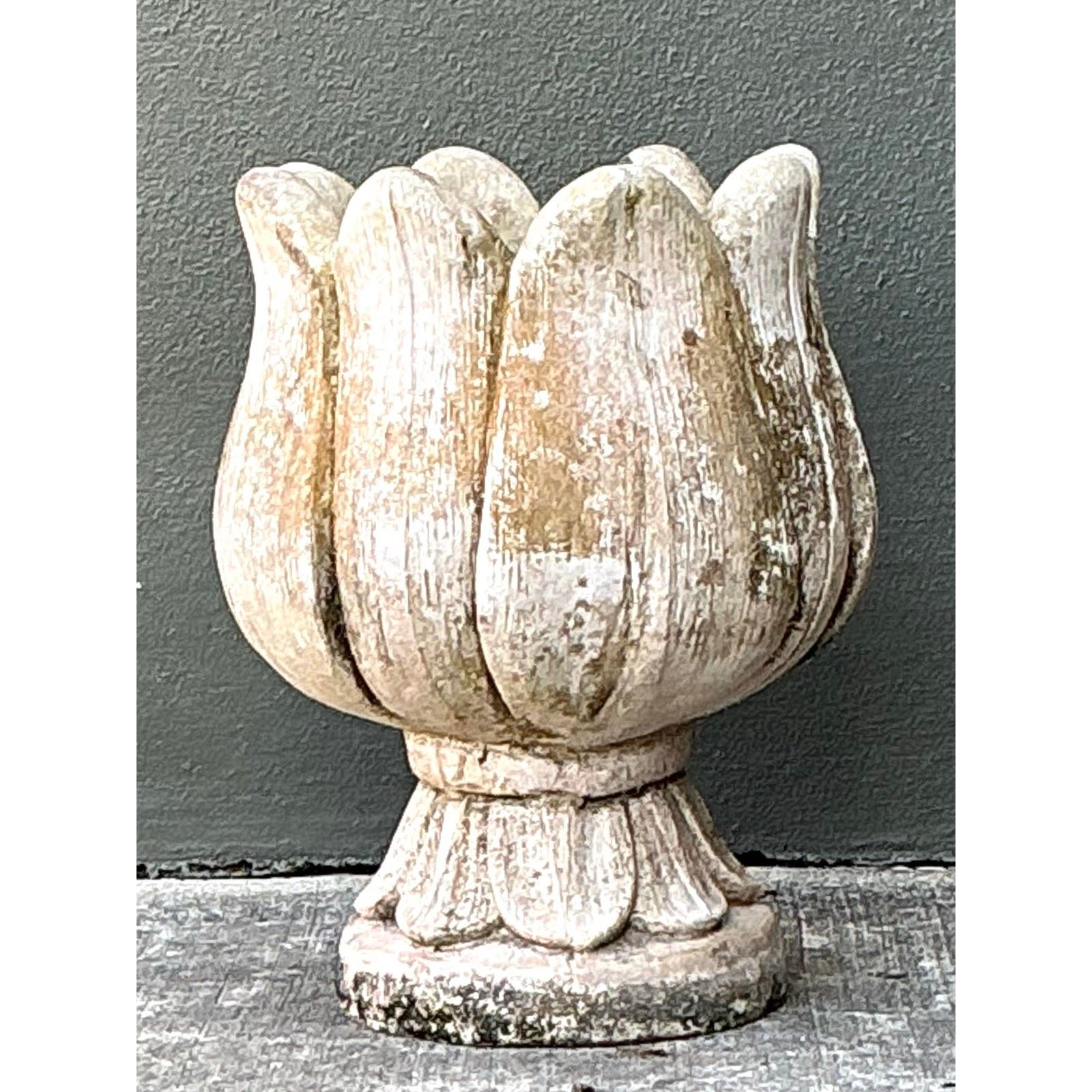Vintage Patinated Cast Concrete Tulip Planter - Side view