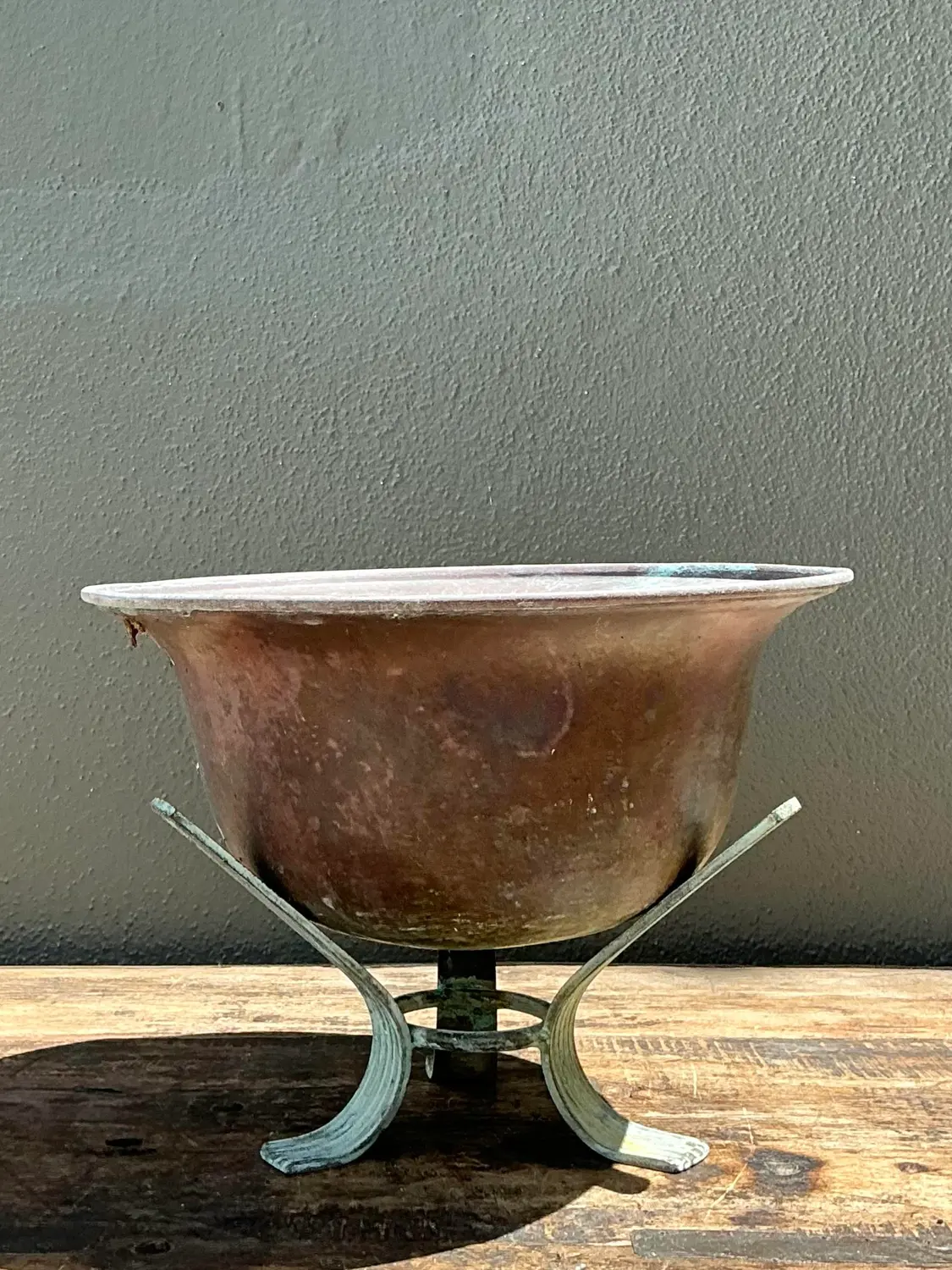Vintage Patinated Copper Bowl on Verdigris Stand - Detail view
