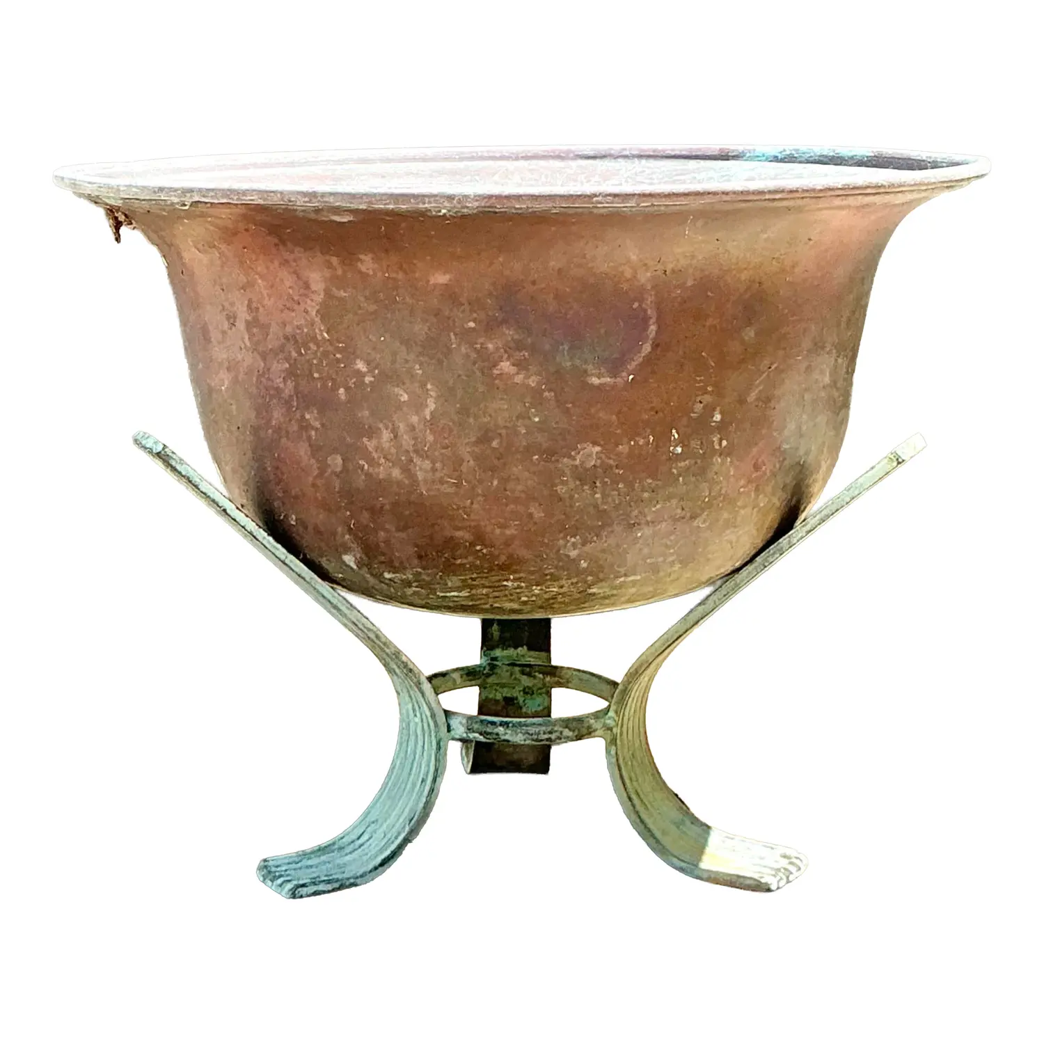 Vintage Patinated Copper Bowl on Verdigris Stand
