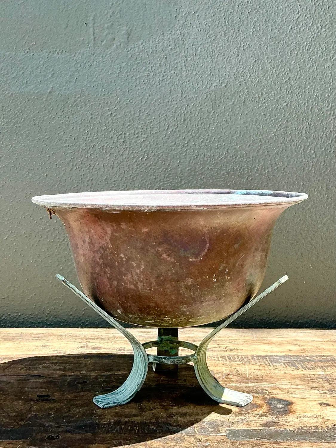 Vintage Patinated Copper Bowl on Verdigris Stand - Top view