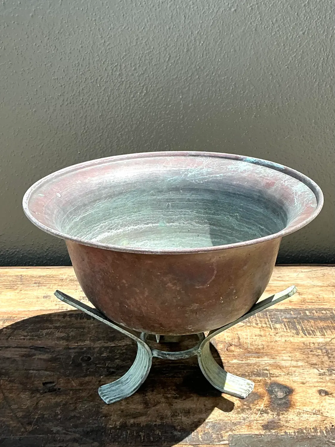 Vintage Patinated Copper Bowl on Verdigris Stand - Back view