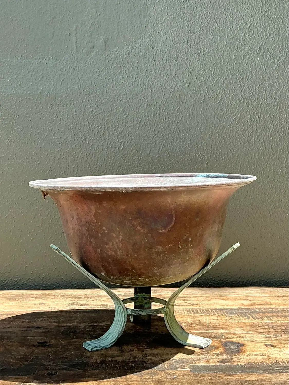 Vintage Patinated Copper Bowl on Verdigris Stand - Side view