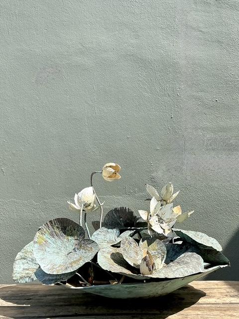 Vintage Patinated Copper Lilypad Sculpture - Detail view