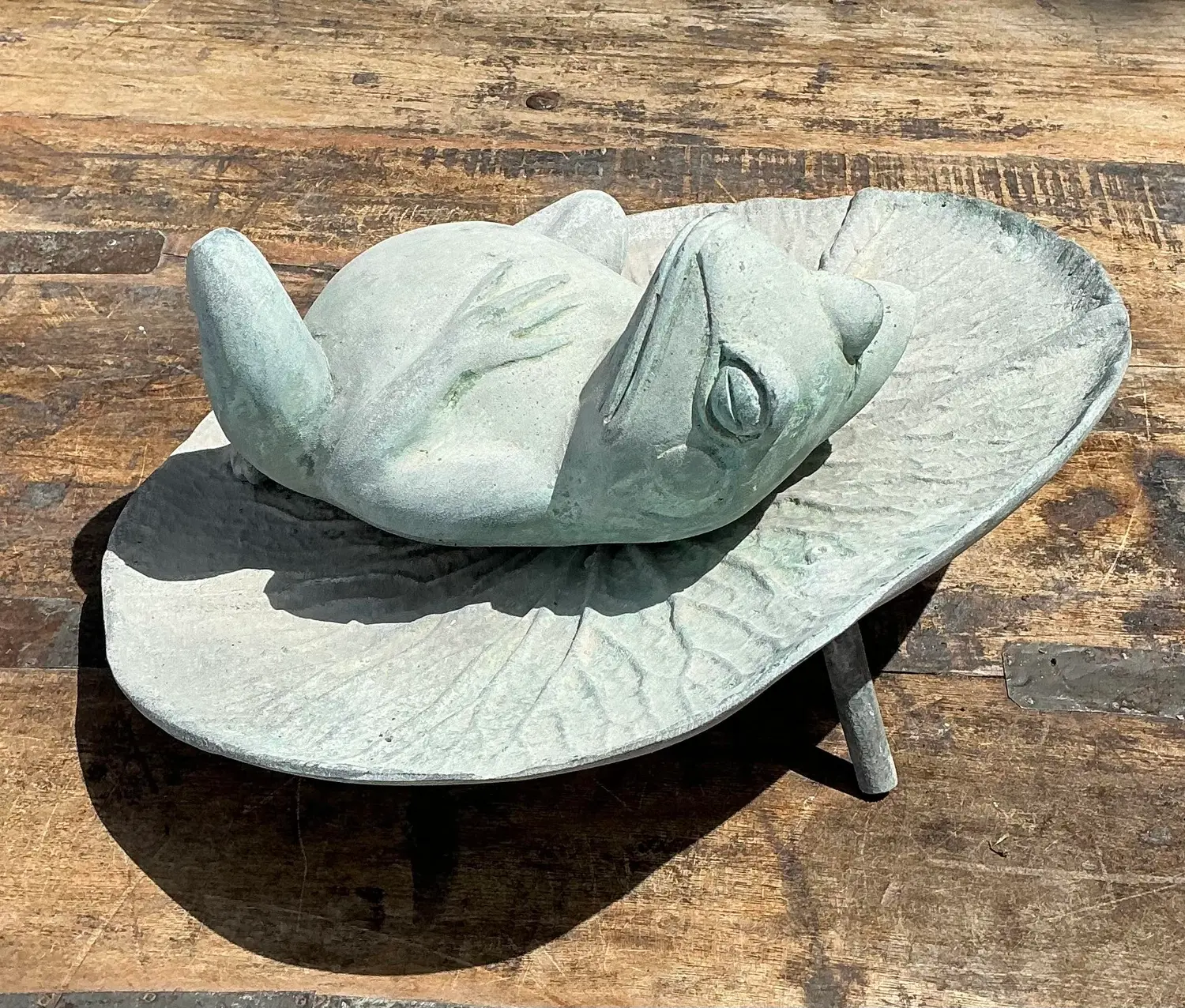 Vintage Patinated Frog on Lilypad Garden Ornament - Top view