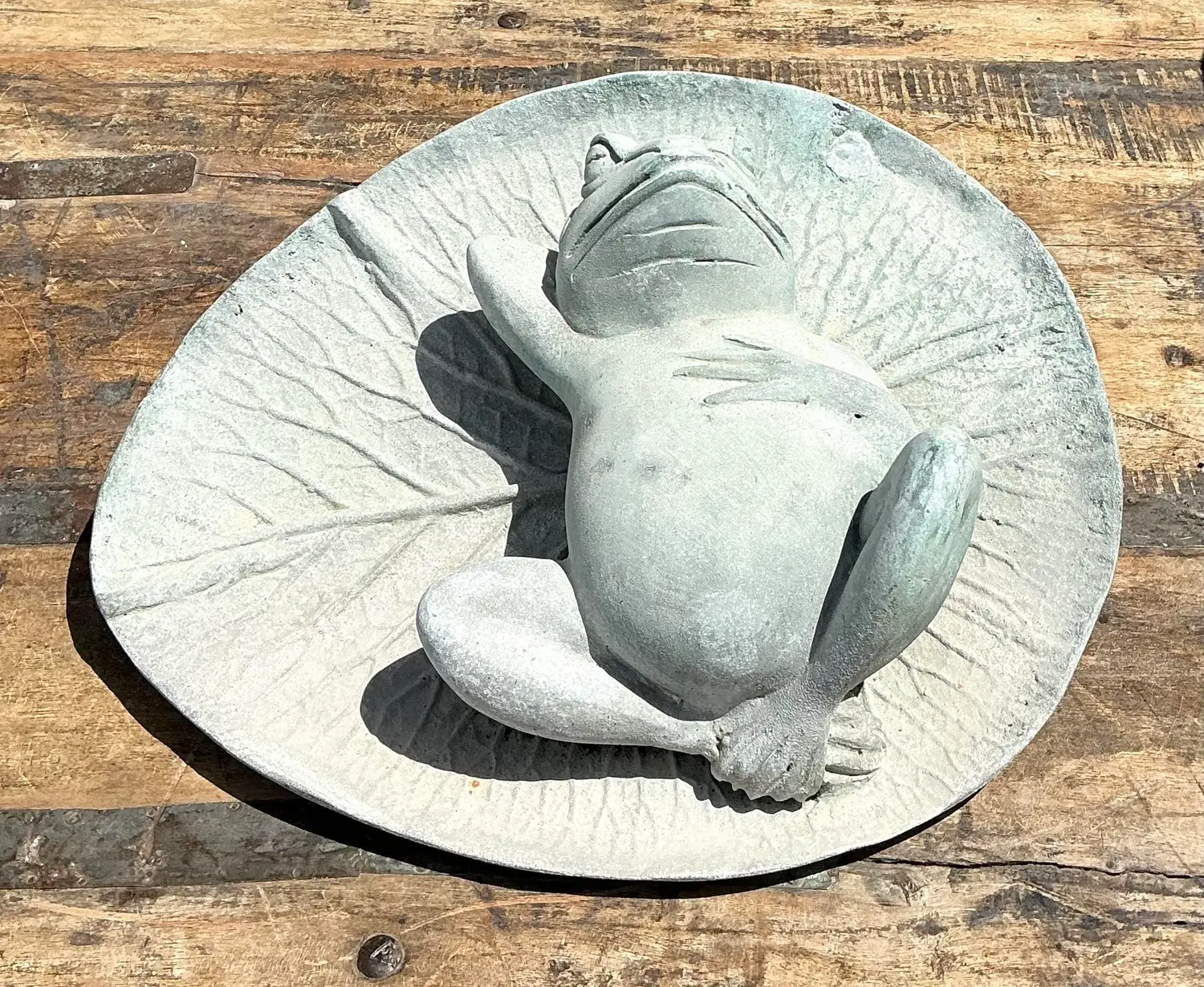 Vintage Patinated Frog on Lilypad Garden Ornament - Back view