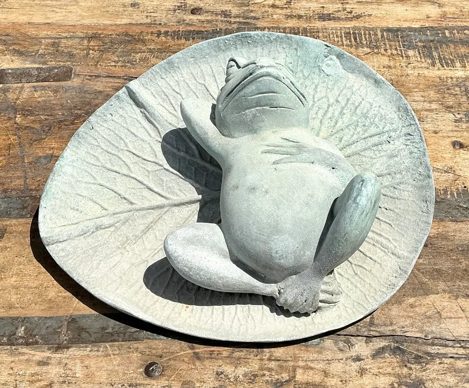 Vintage Patinated Frog on Lilypad Garden Ornament - Side view