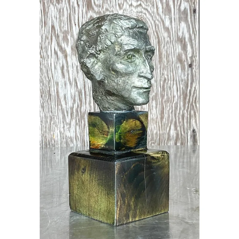 Vintage Patinated Metal Bust of Man - Top view