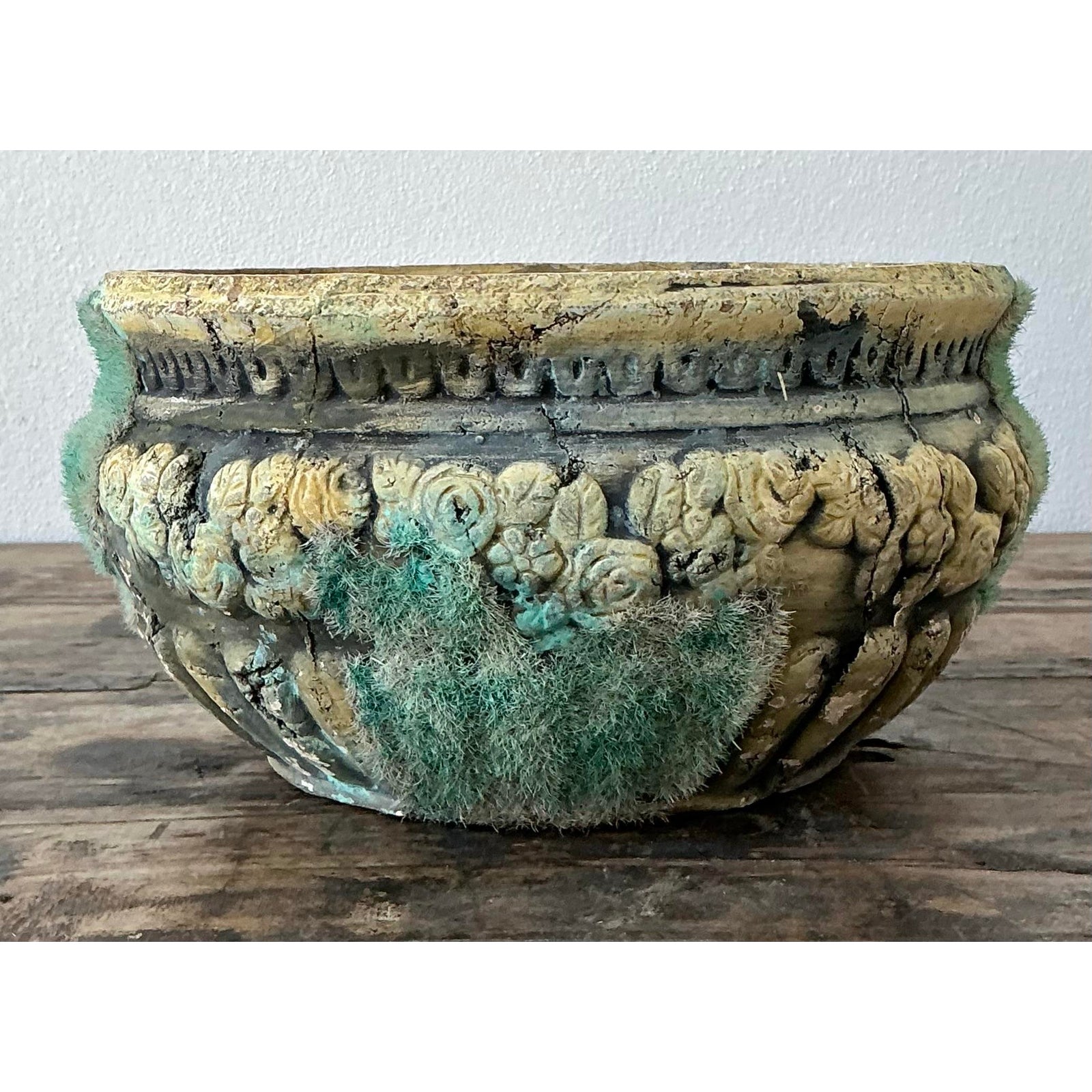 Vintage Patinated Moss Roses Planter - Detail view