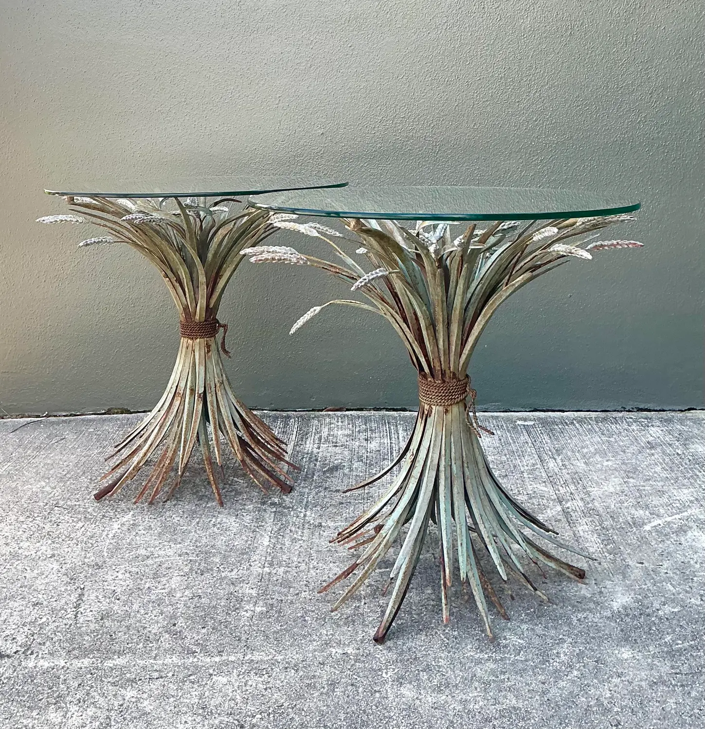Vintage Patinated Sheath of Wheat Side Tables - A Pair - Side view